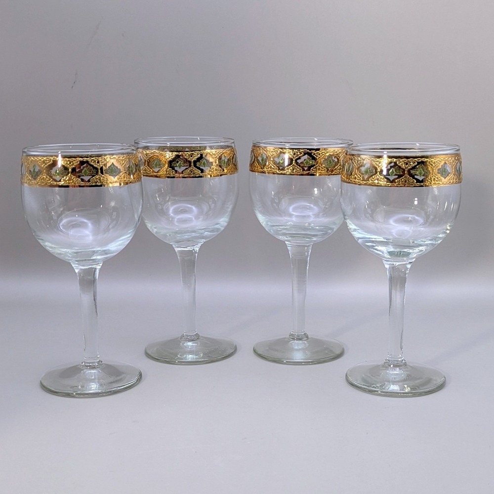 Vintage Mid Century Gold Encrusted Filigree Wine Glasses Green Diamond Set of 4